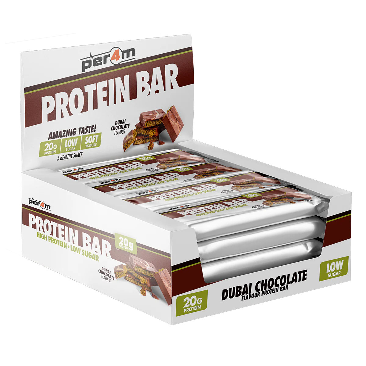 Box of Per4m Nutrition Protein Bars (Dubai Chocolate)