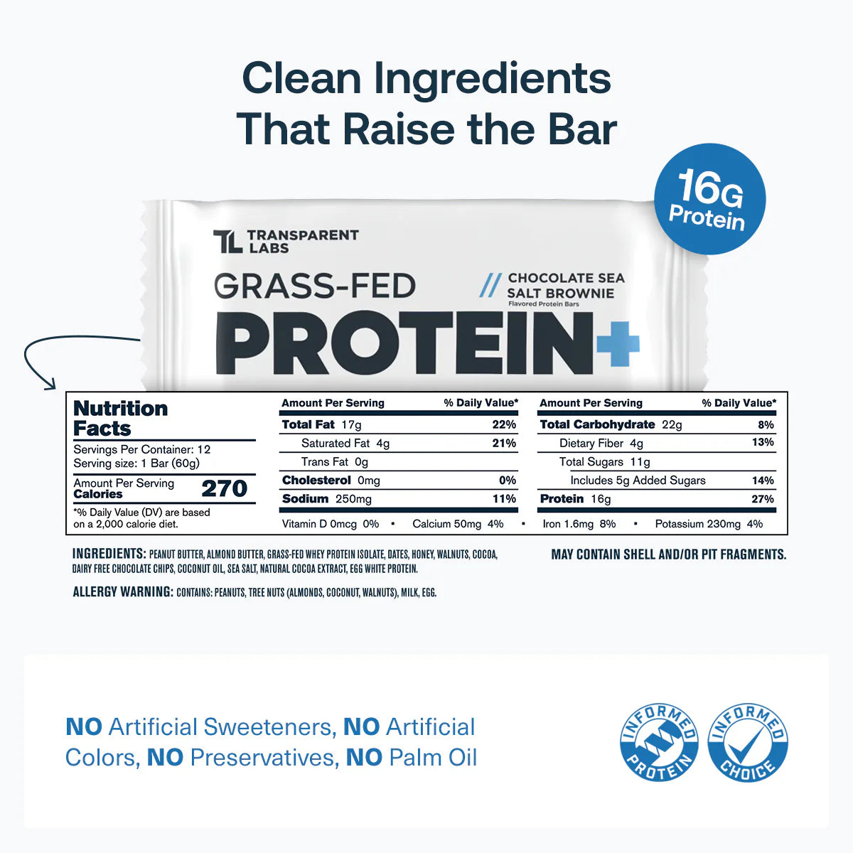 Transparent Labs Grass-Fed Protein+Bar BOX OF 12 (Chocolate Sea Salt Brownie)