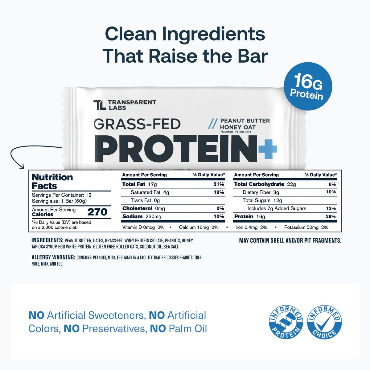 Transparent Labs Grass-Fed Protein+Bar BOX OF 12 (Peanut Butter Chocolate Chip)